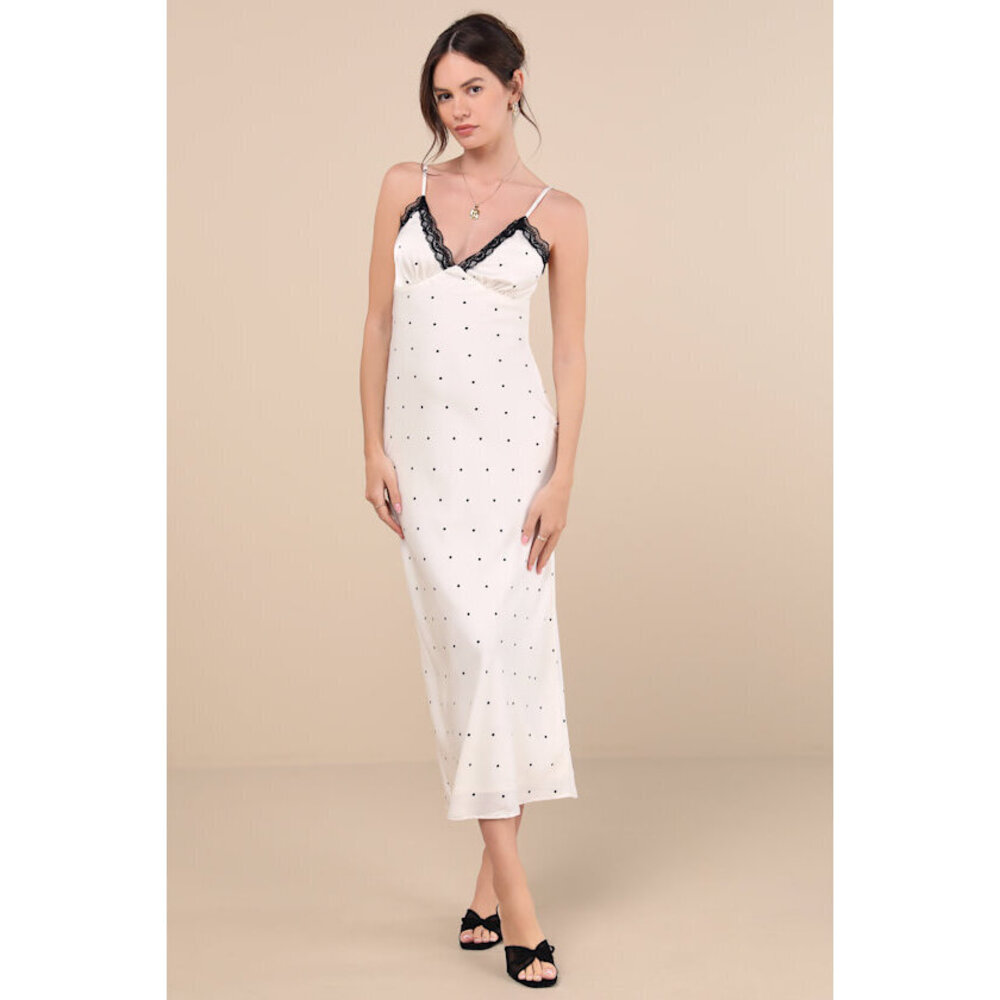Lulus Majella Ivory Polka Dot Satin Lace Slip Midi Dress White - Size L
